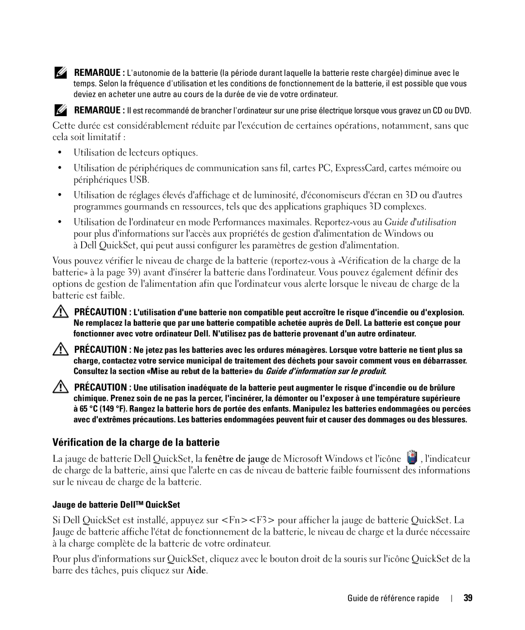 Dell ATG D630, YR870 manual Vérification de la charge de la batterie, Jauge de batterie Dell QuickSet 