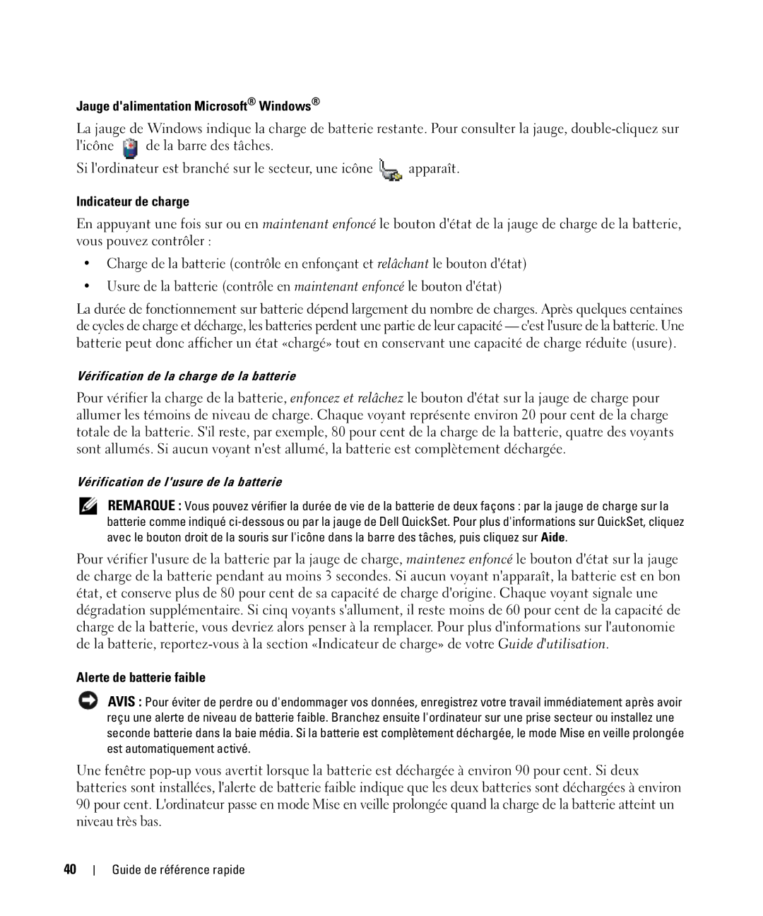 Dell YR870, ATG D630 manual Jauge dalimentation Microsoft Windows, Indicateur de charge, Alerte de batterie faible 