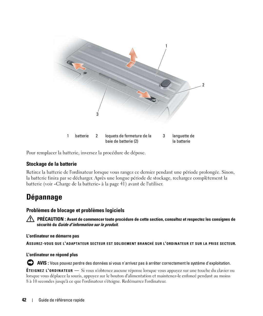 Dell YR870 Dépannage, Stockage de la batterie, Problèmes de blocage et problèmes logiciels, Lordinateur ne démarre pas 