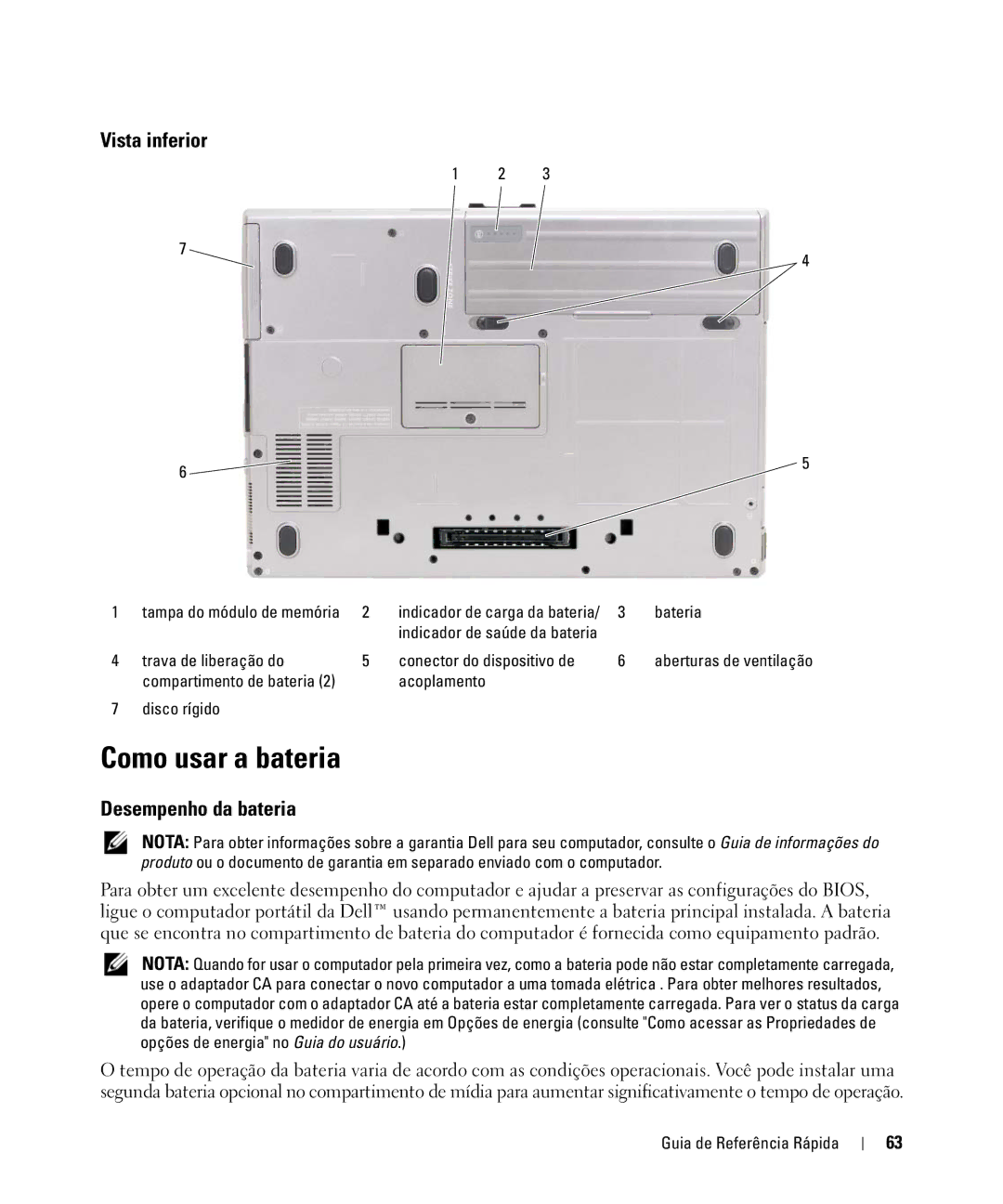 Dell ATG D630, YR870 manual Como usar a bateria, Vista inferior, Desempenho da bateria 