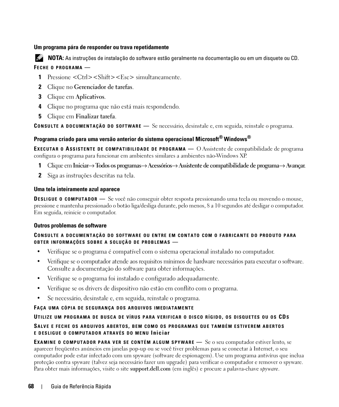 Dell YR870, ATG D630 manual Um programa pára de responder ou trava repetidamente, Uma tela inteiramente azul aparece 