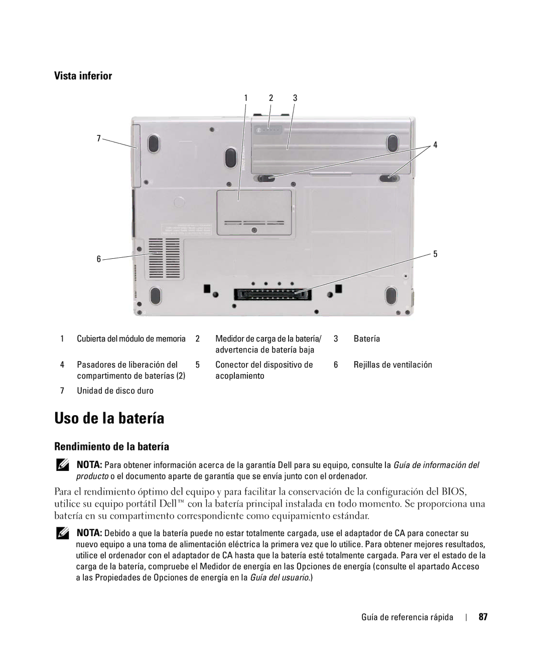 Dell ATG D630 Uso de la batería, Rendimiento de la batería, Advertencia de batería baja, Acoplamiento Unidad de disco duro 