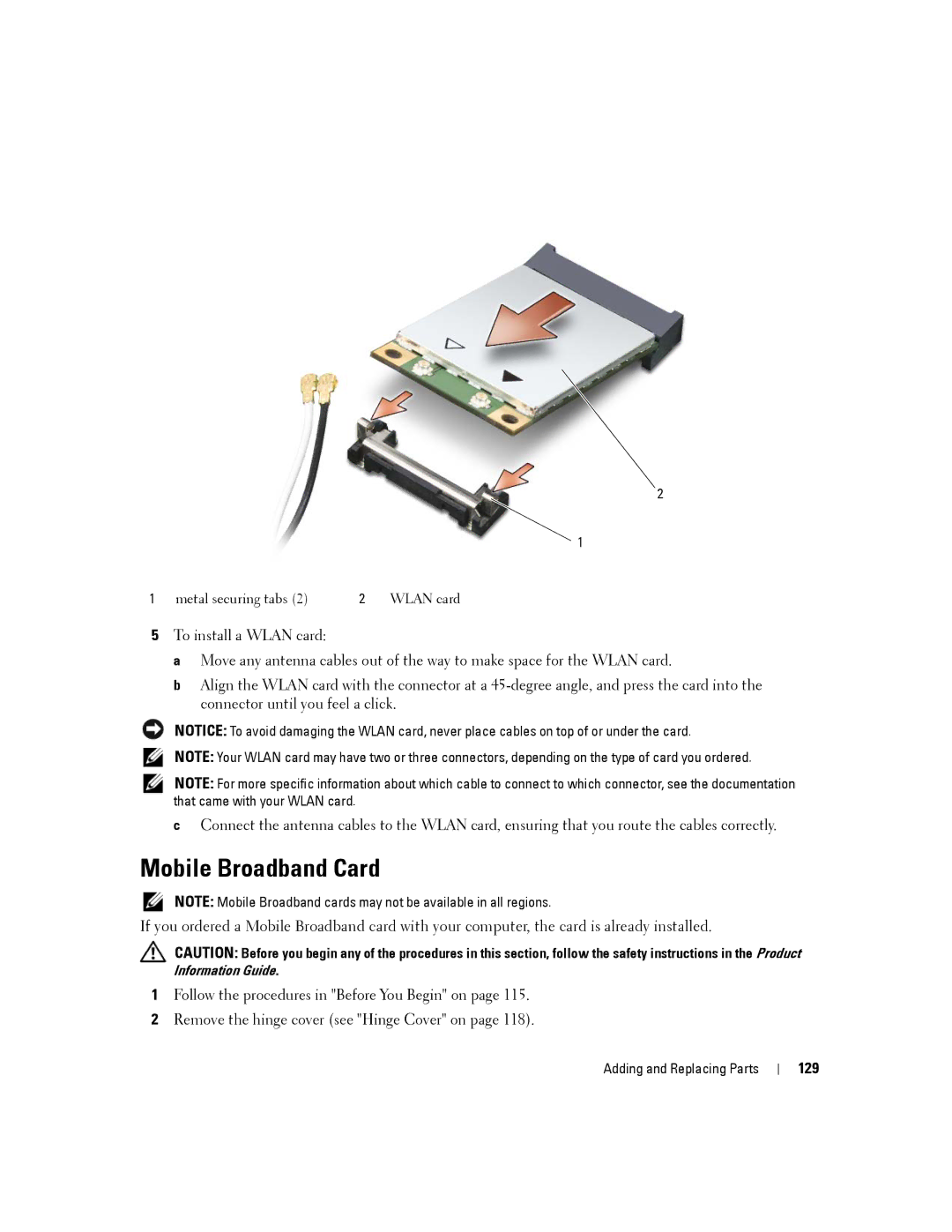 Dell YT465 manual Mobile Broadband Card, 129 