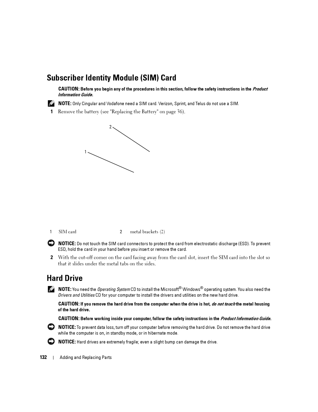 Dell YT465 manual Subscriber Identity Module SIM Card, Hard Drive, 132 