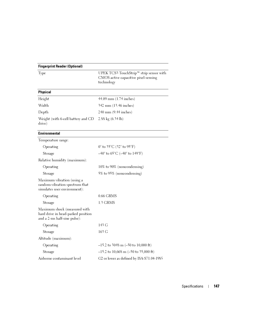 Dell YT465 manual 147, Fingerprint Reader Optional, Physical, Environmental 