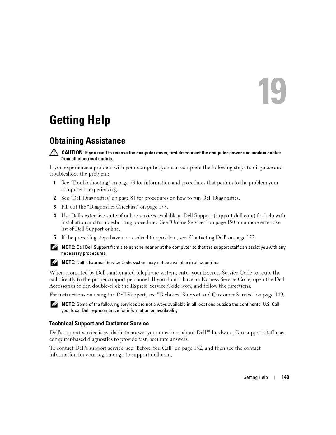 Dell YT465 manual Getting Help, Obtaining Assistance, Technical Support and Customer Service, 149 