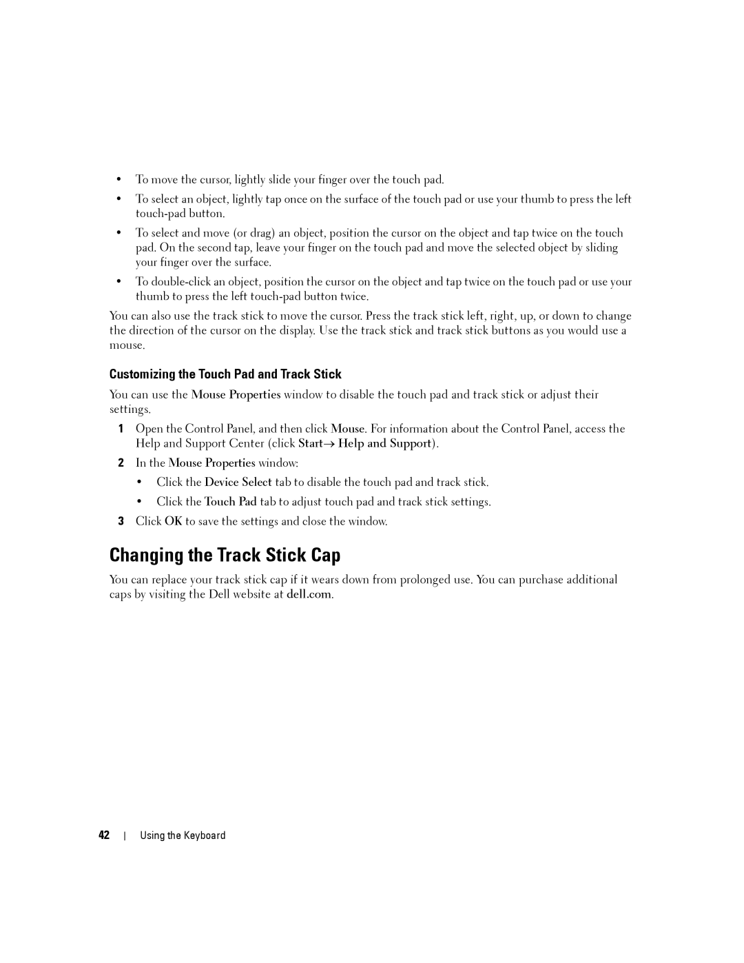 Dell YT465 manual Changing the Track Stick Cap, Customizing the Touch Pad and Track Stick, Mouse Properties window 