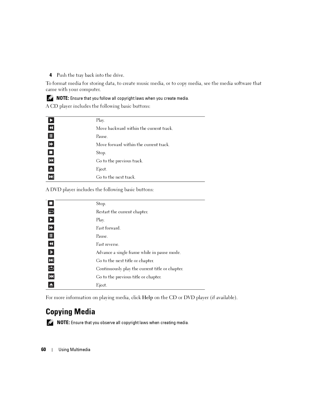 Dell YT465 manual Copying Media, DVD player includes the following basic buttons 