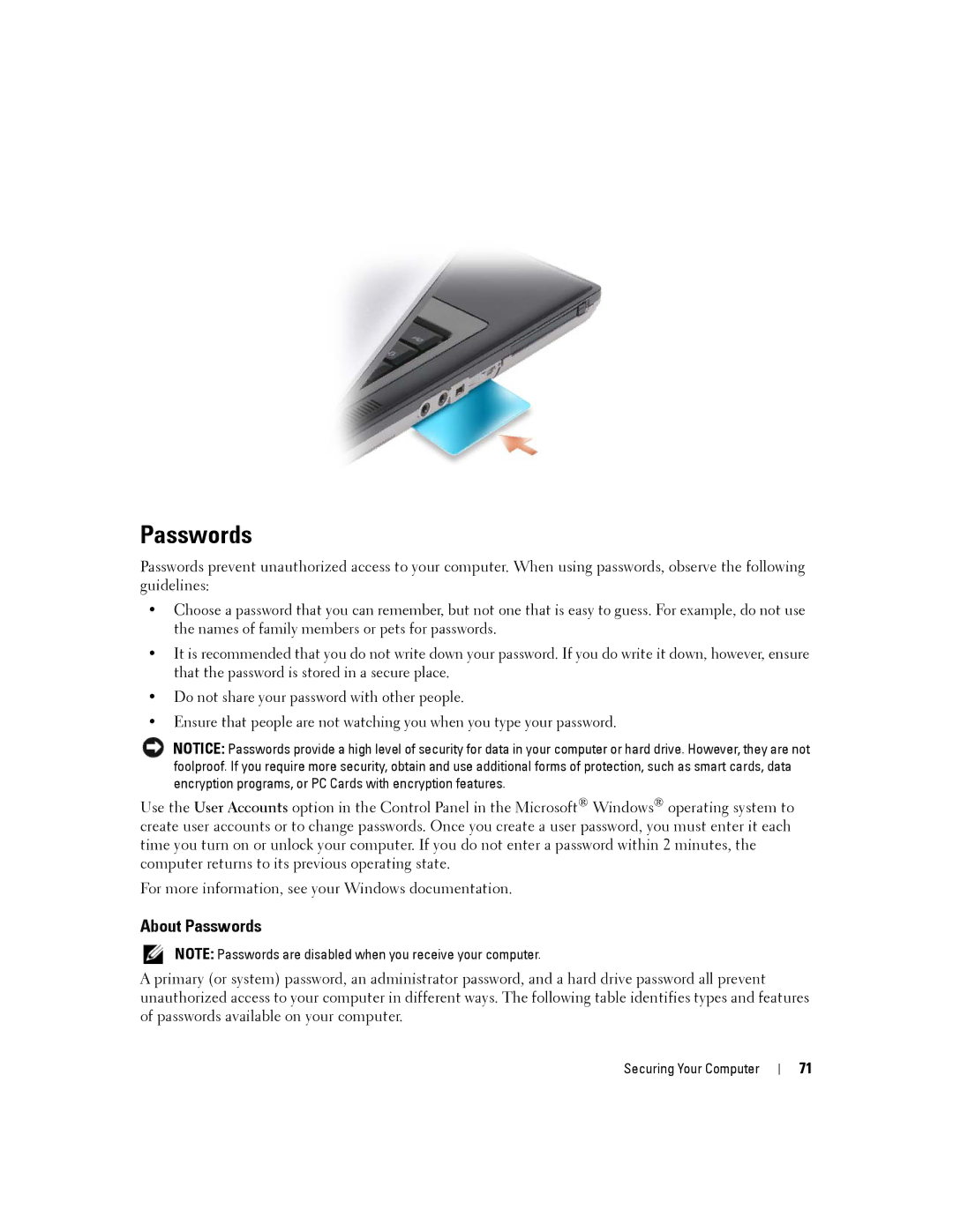 Dell YT465 manual About Passwords 