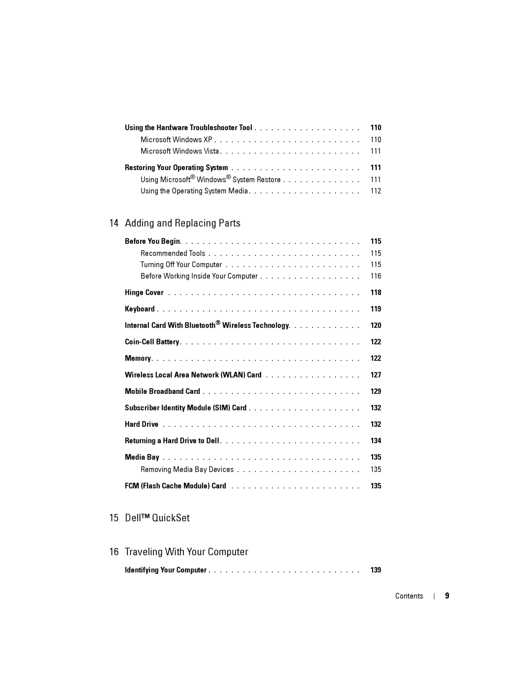 Dell YT465 Using the Hardware Troubleshooter Tool 110, 111, 115, Before Working Inside Your Computer 116, 118, 119, 120 