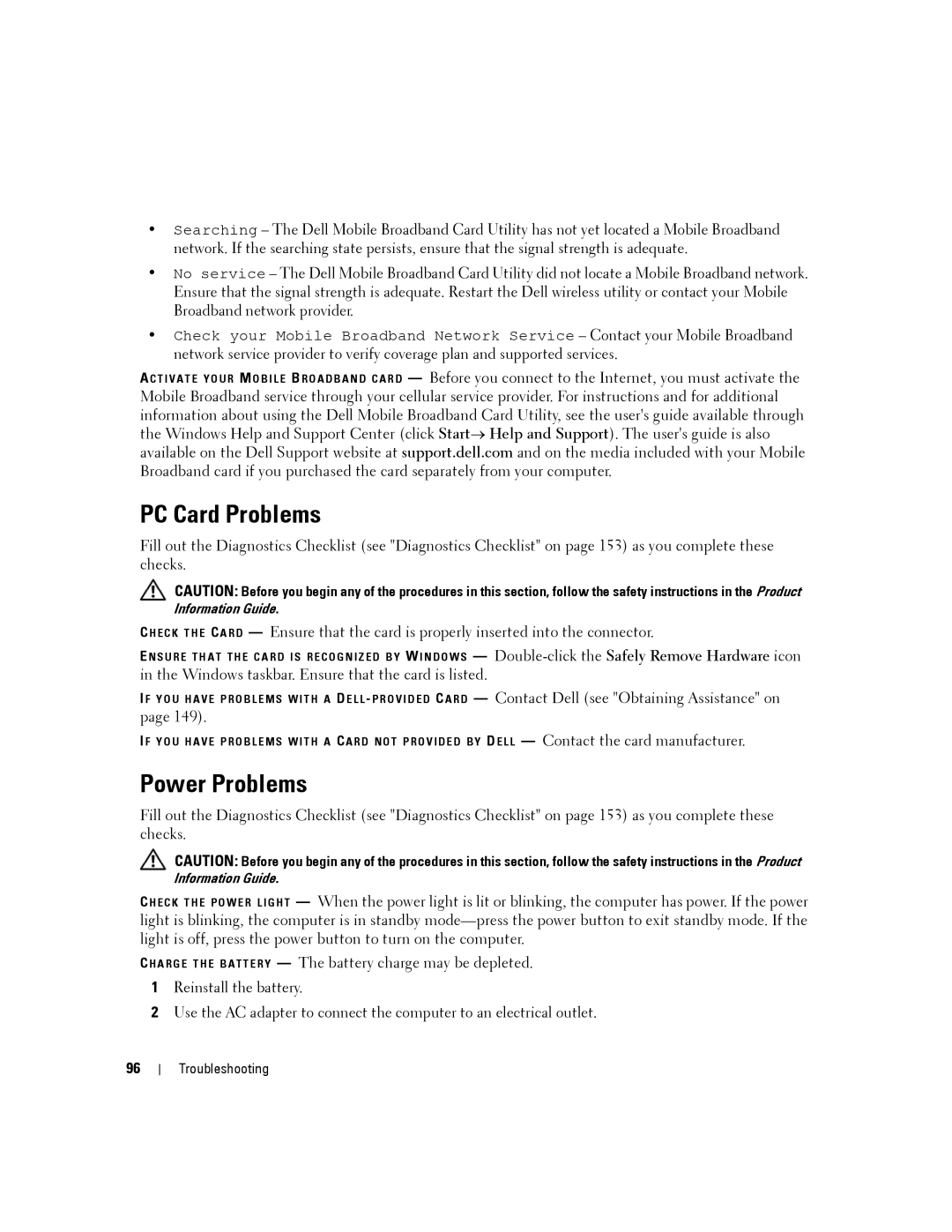 Dell YT465 manual PC Card Problems, Power Problems 