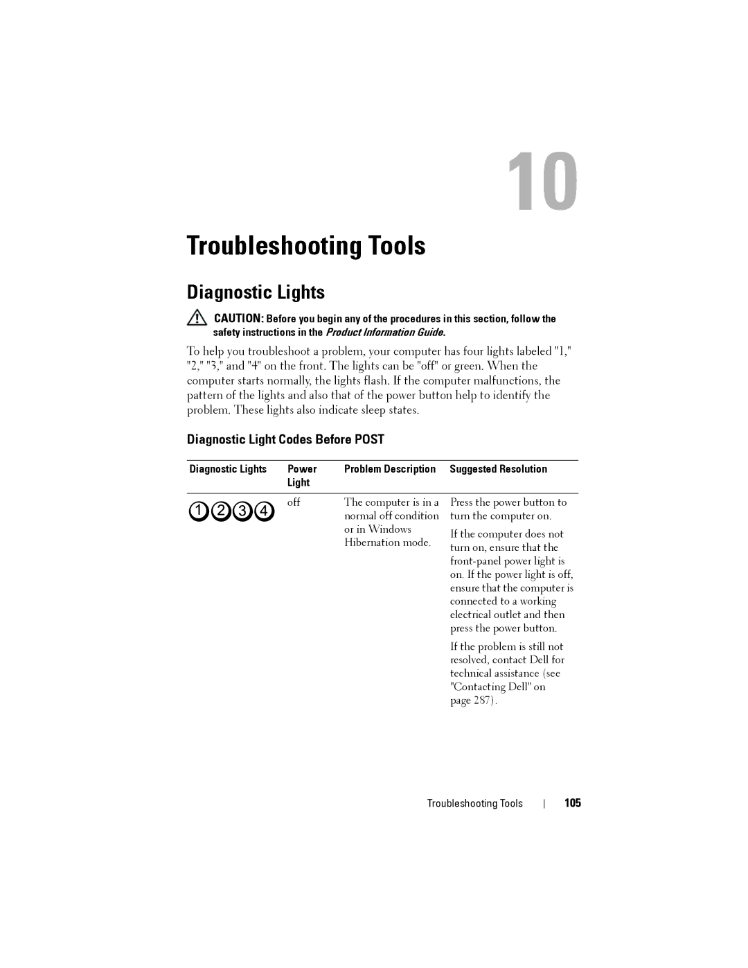 Dell YT583 manual Diagnostic Light Codes Before Post, 105, Diagnostic Lights Power 