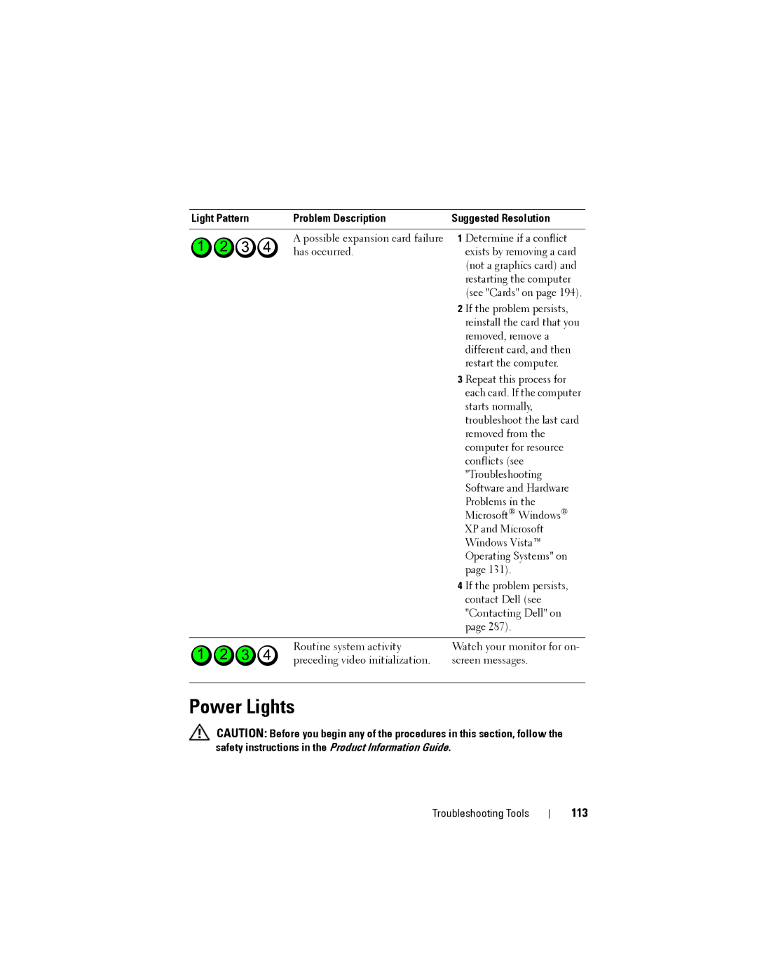 Dell YT583 manual Power Lights, 113 