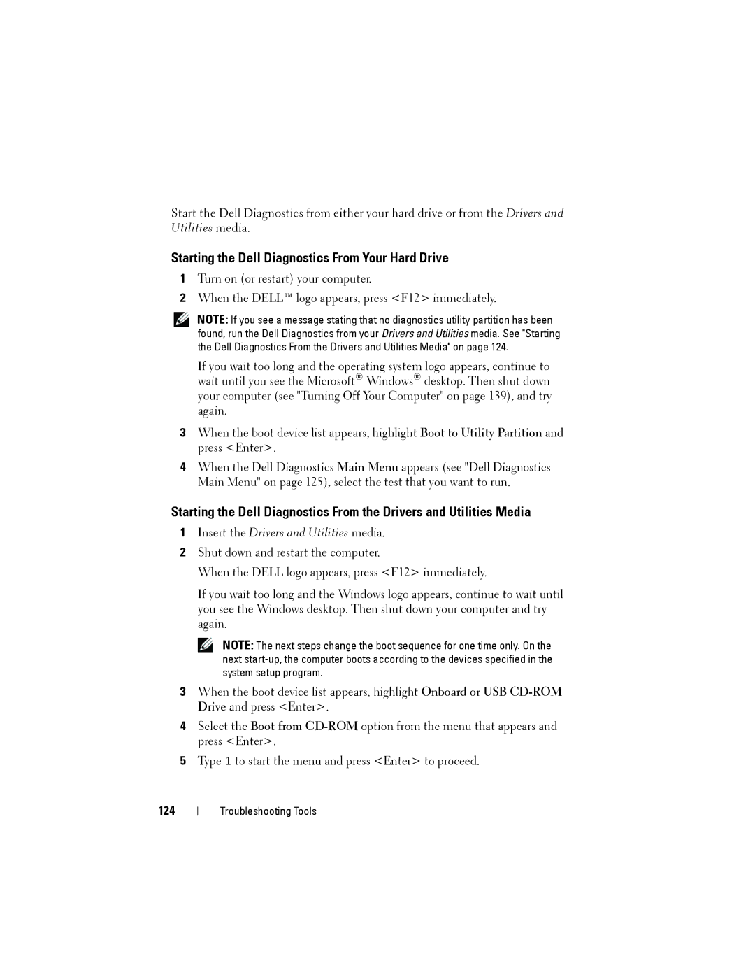 Dell YT583 manual Starting the Dell Diagnostics From Your Hard Drive, 124 