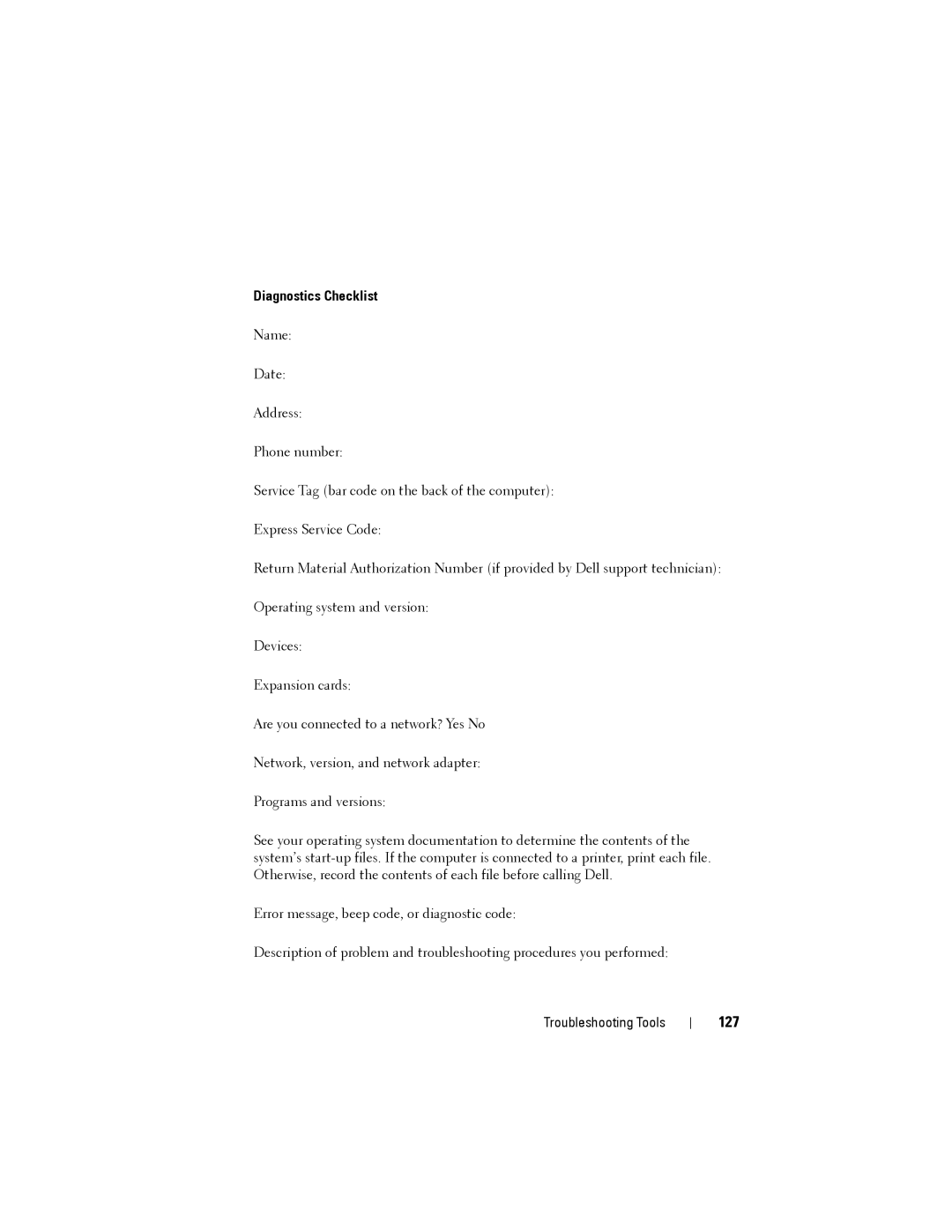 Dell YT583 manual 127, Diagnostics Checklist 