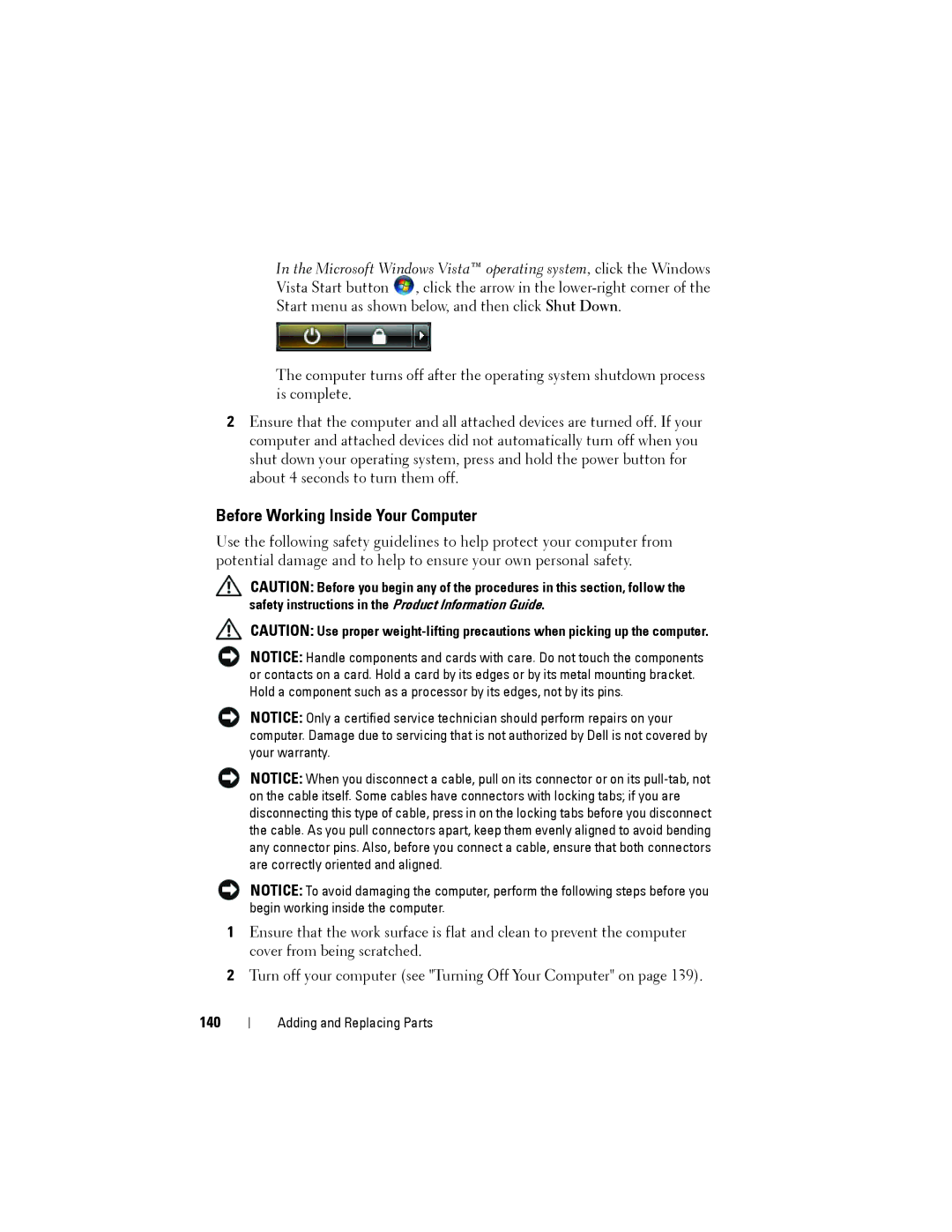Dell YT583 manual Before Working Inside Your Computer, 140 