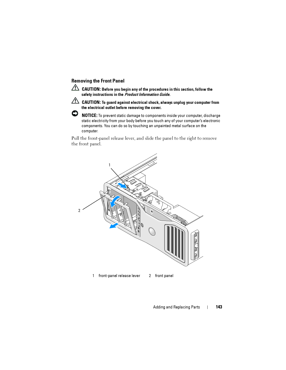 Dell YT583 manual Removing the Front Panel, 143 