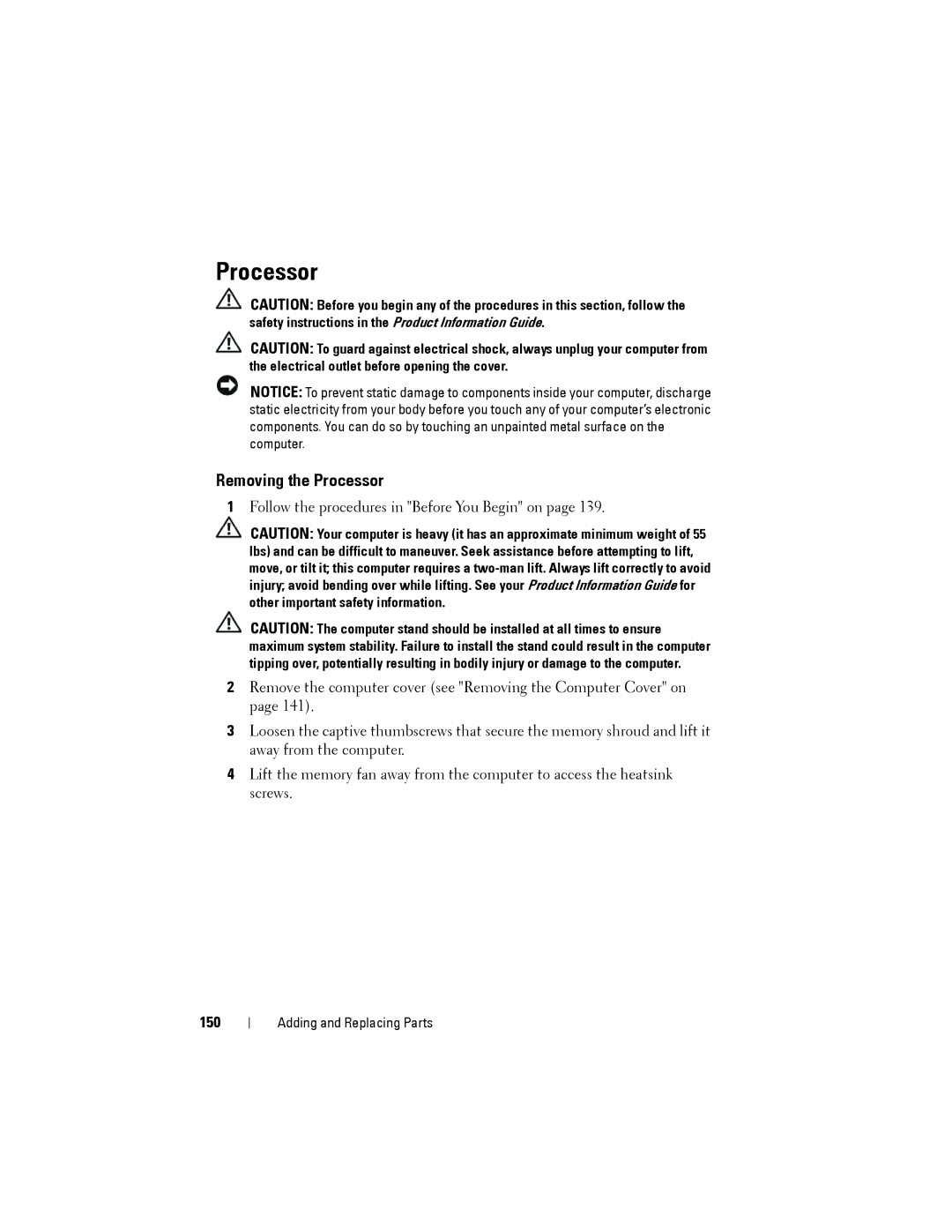 Dell YT583 manual Removing the Processor, 150 