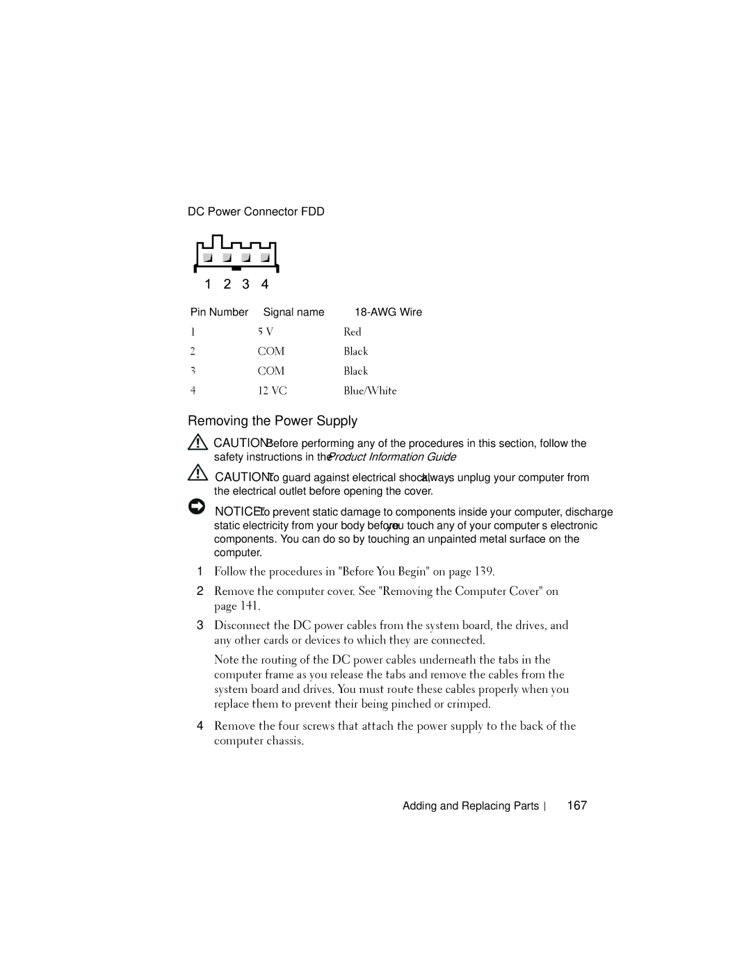 Dell YT583 manual Removing the Power Supply, DC Power Connector FDD, 167 