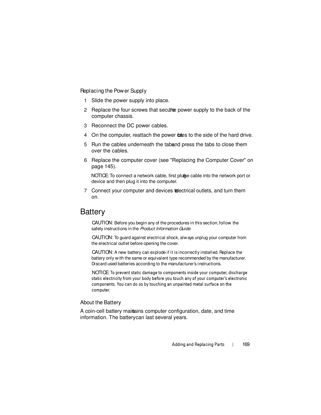 Dell YT583 manual Replacing the Power Supply, About the Battery, 169 