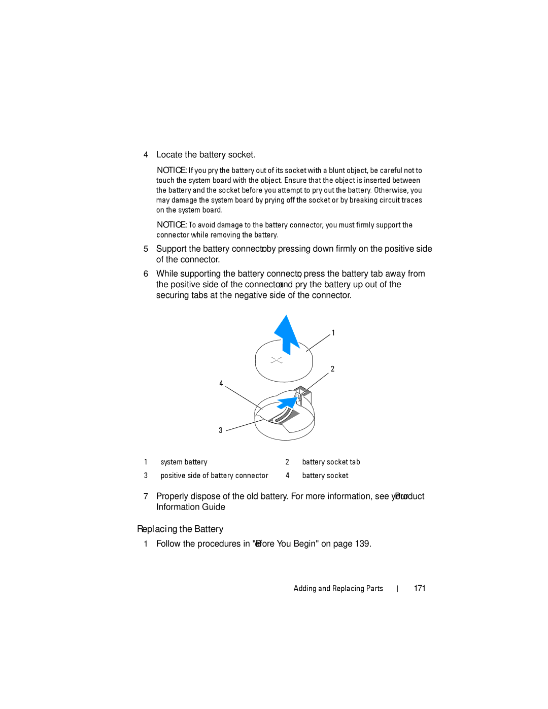 Dell YT583 manual Replacing the Battery, 171 