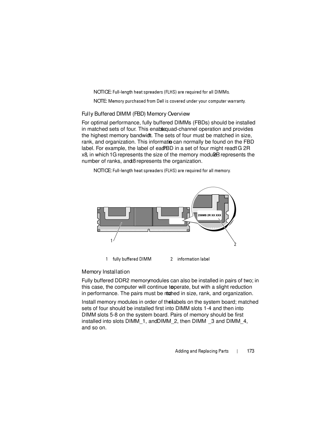 Dell YT583 manual Fully Buffered Dimm FBD Memory Overview, Memory Installation, 173 