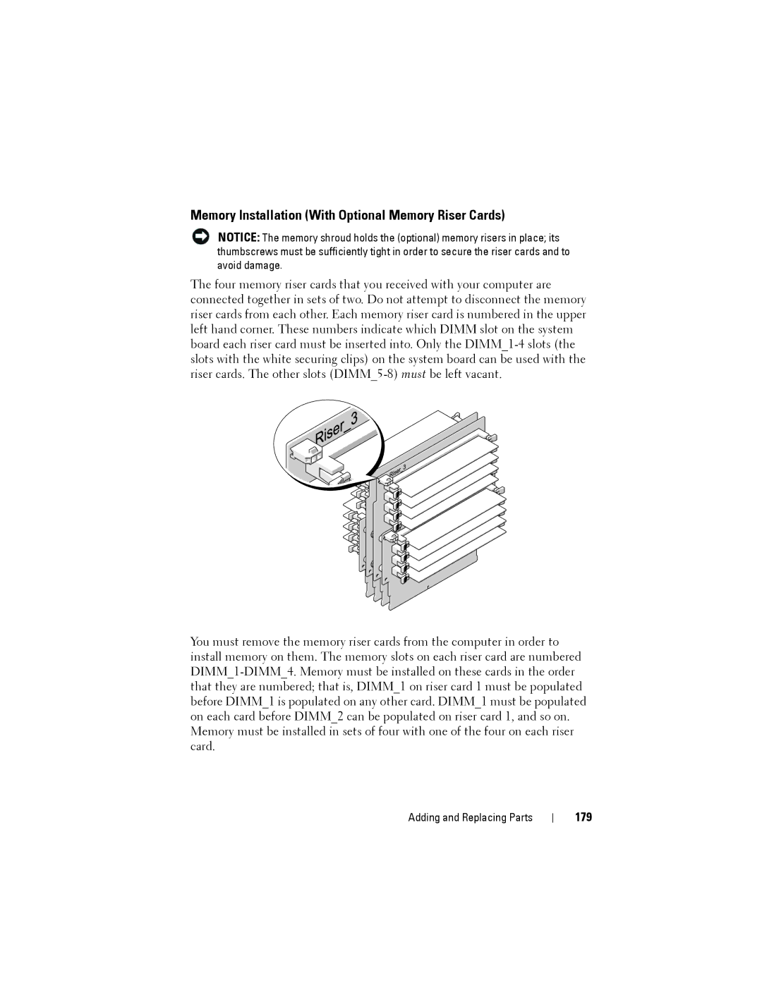 Dell YT583 manual Memory Installation With Optional Memory Riser Cards, 179 