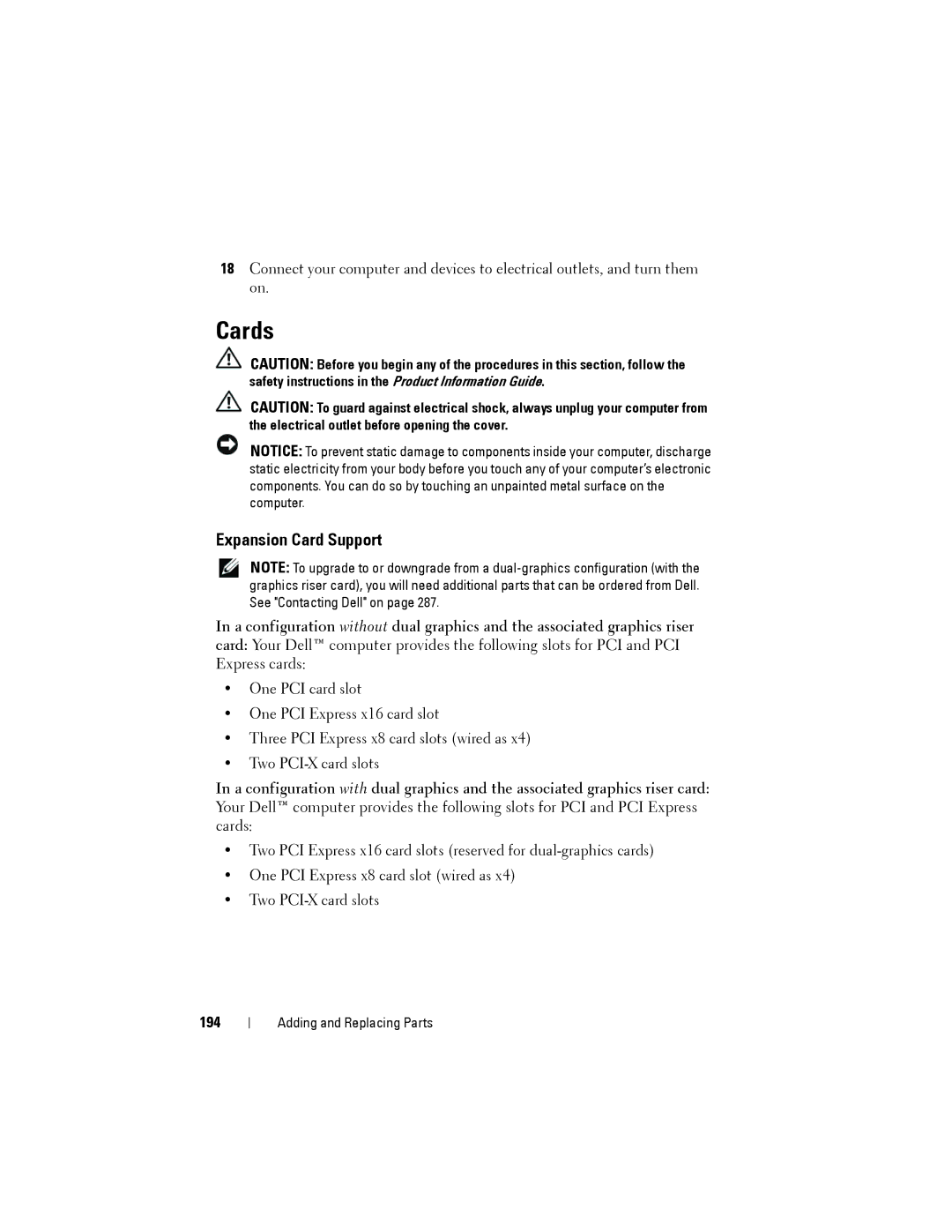 Dell YT583 manual Cards, Expansion Card Support, 194 