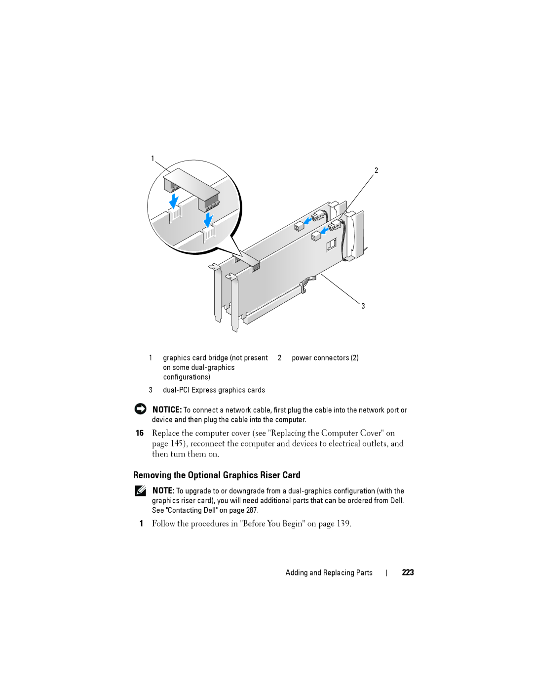 Dell YT583 manual Removing the Optional Graphics Riser Card, 223 