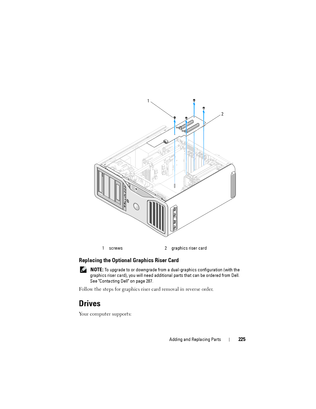 Dell YT583 manual Drives, Replacing the Optional Graphics Riser Card, 225 