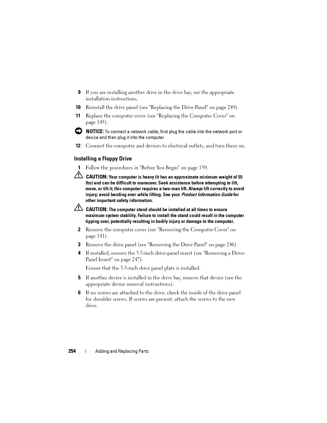 Dell YT583 manual Installing a Floppy Drive, 254 