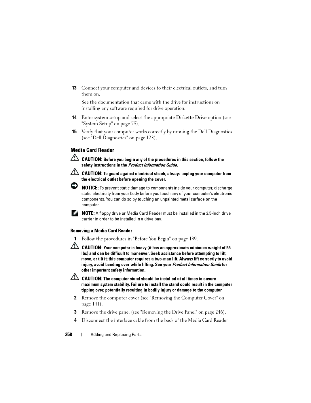 Dell YT583 manual Removing a Media Card Reader, 258 