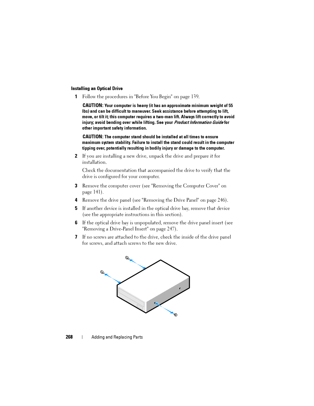 Dell YT583 manual Installing an Optical Drive, 268 