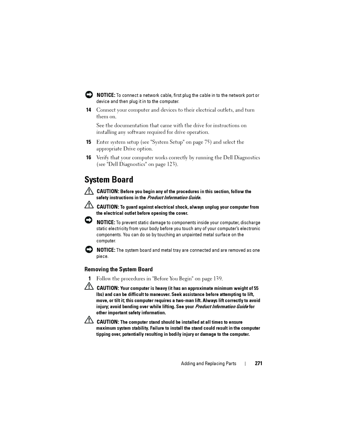 Dell YT583 manual Removing the System Board, 271 