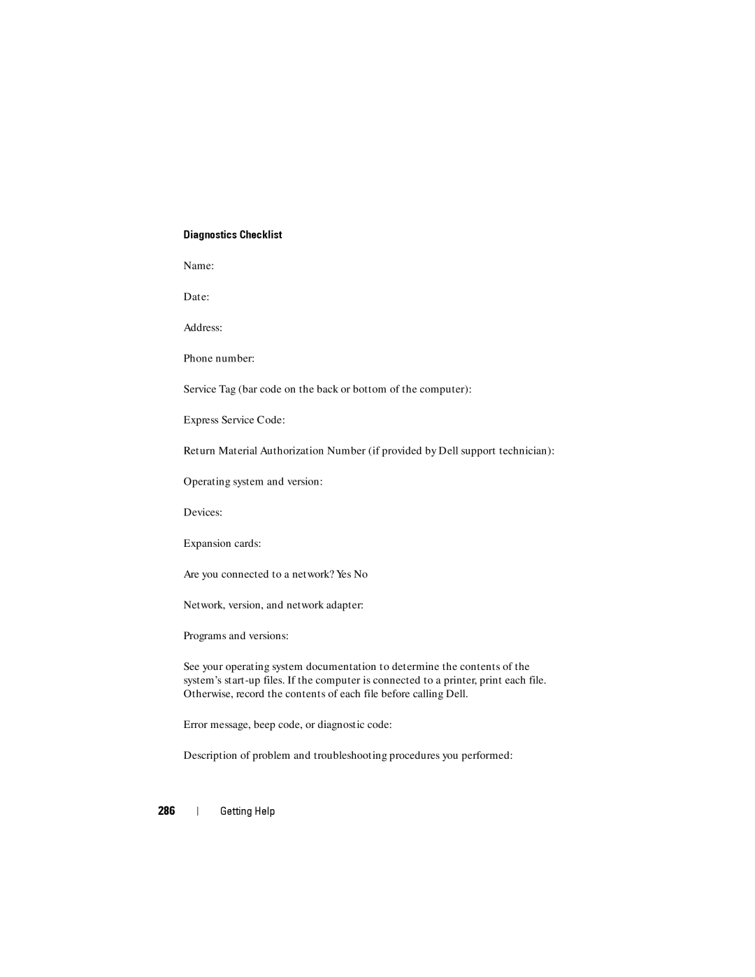 Dell YT583 manual 286, Diagnostics Checklist 