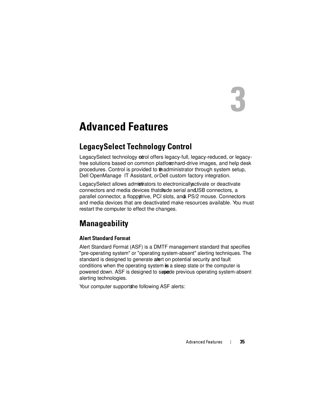 Dell YT583 manual LegacySelect Technology Control, Manageability, Alert Standard Format 