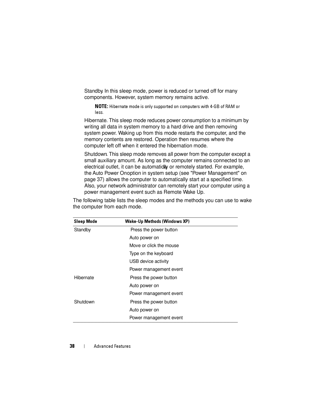 Dell YT583 manual Sleep Mode Wake-Up Methods Windows XP 