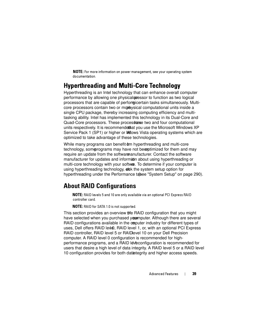 Dell YT583 manual Hyperthreading and Multi-Core Technology, About RAID Configurations 