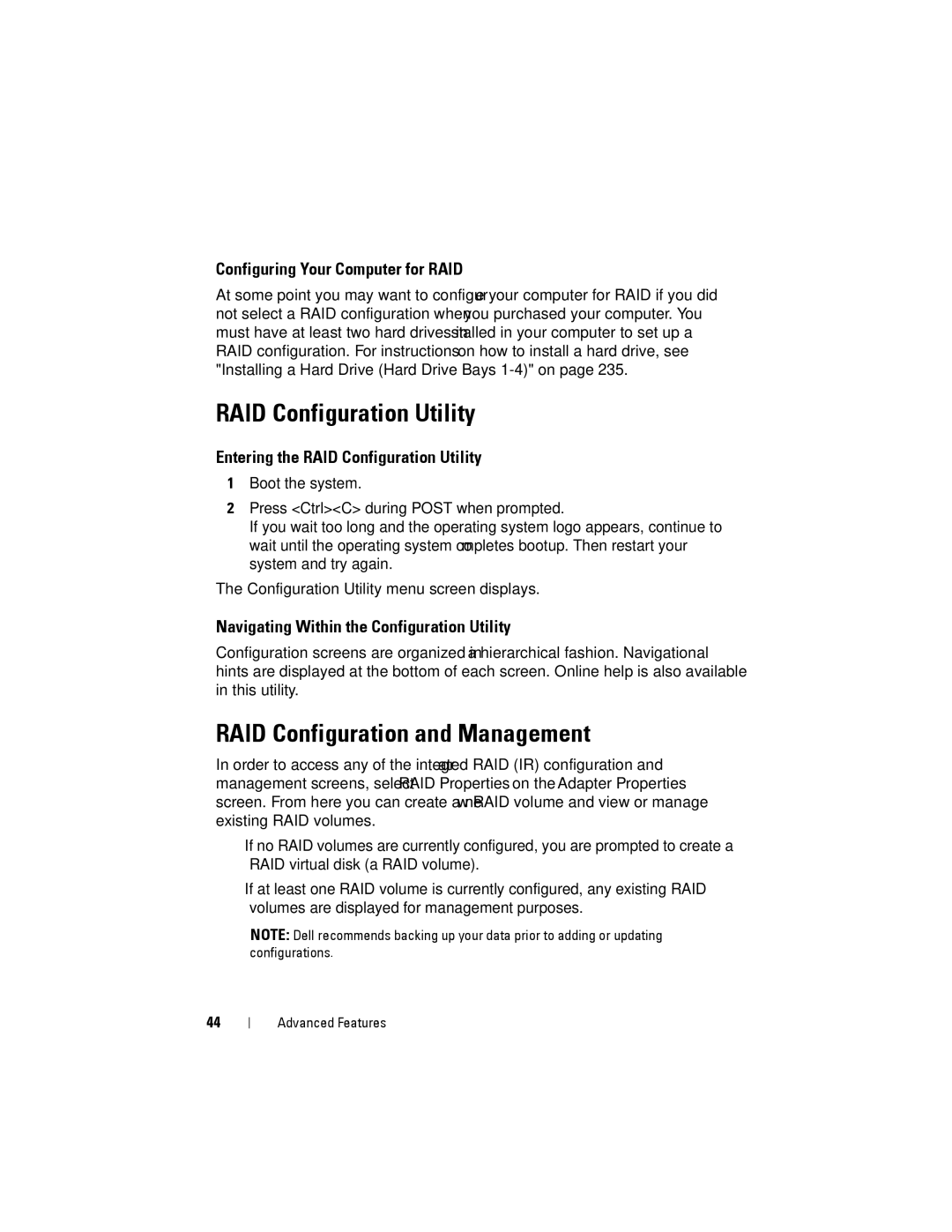 Dell YT583 manual RAID Configuration Utility, RAID Configuration and Management, Configuring Your Computer for RAID 