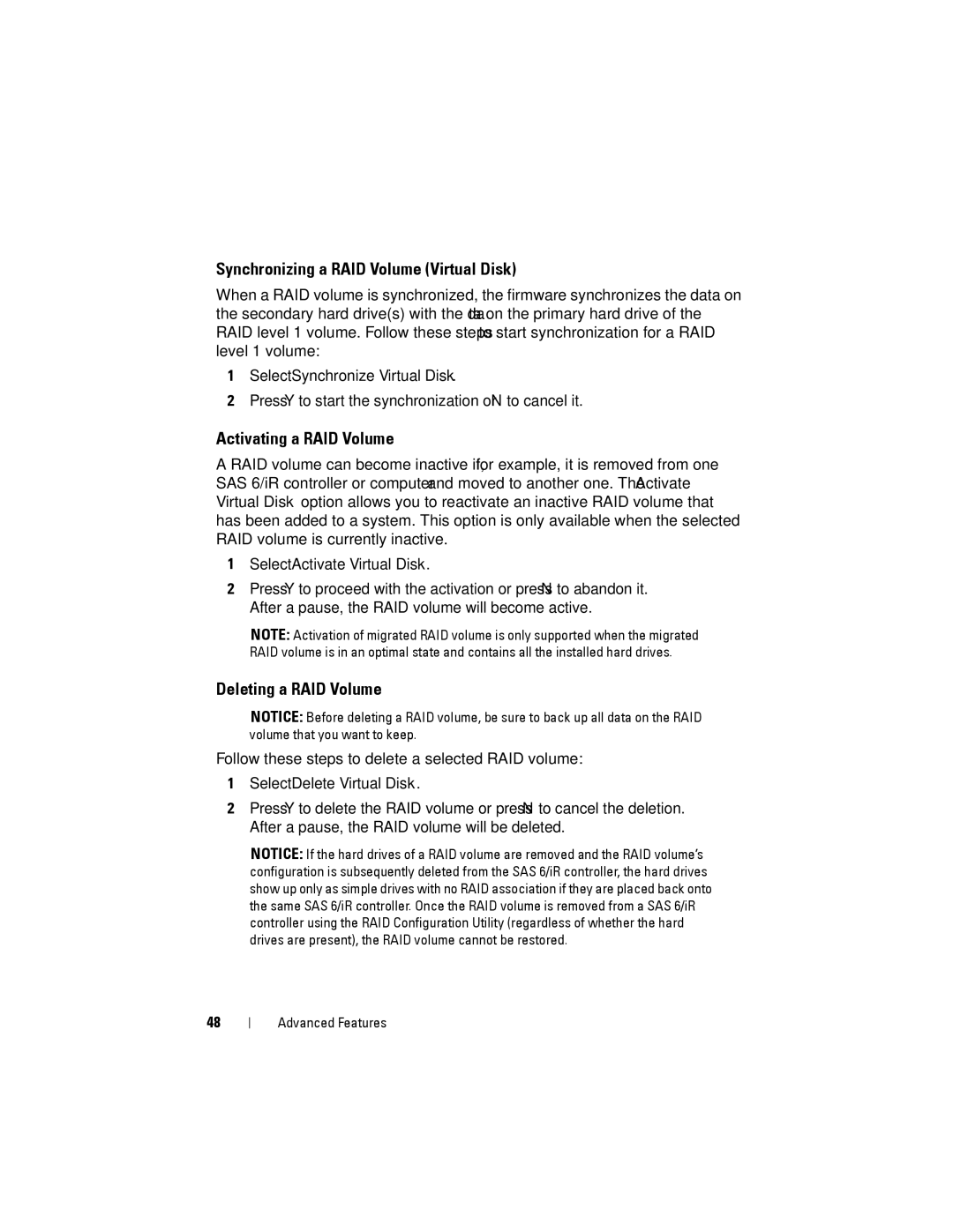 Dell YT583 manual Synchronizing a RAID Volume Virtual Disk, Activating a RAID Volume, Deleting a RAID Volume 