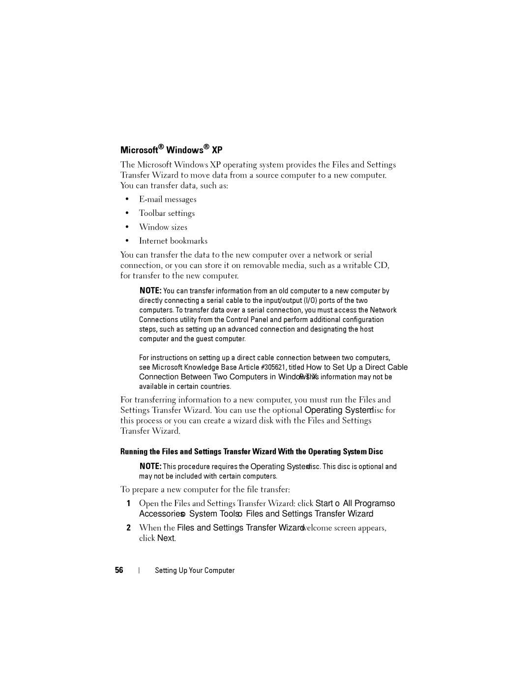 Dell YT583 manual Microsoft Windows XP, To prepare a new computer for the file transfer 