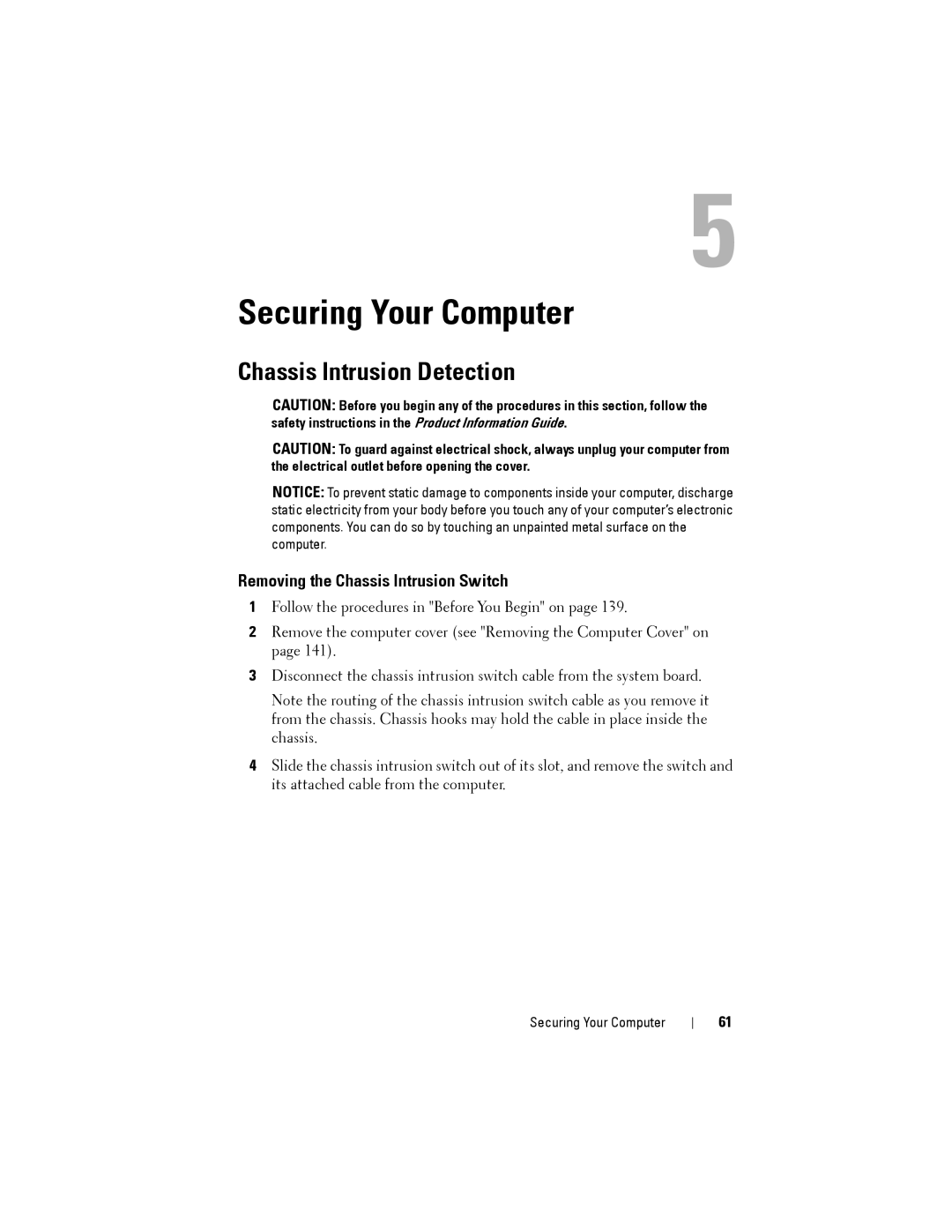 Dell YT583 manual Chassis Intrusion Detection, Removing the Chassis Intrusion Switch 