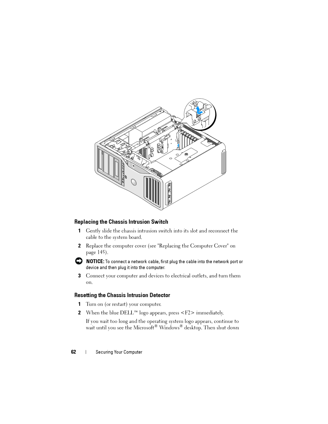 Dell YT583 manual Replacing the Chassis Intrusion Switch, Resetting the Chassis Intrusion Detector 