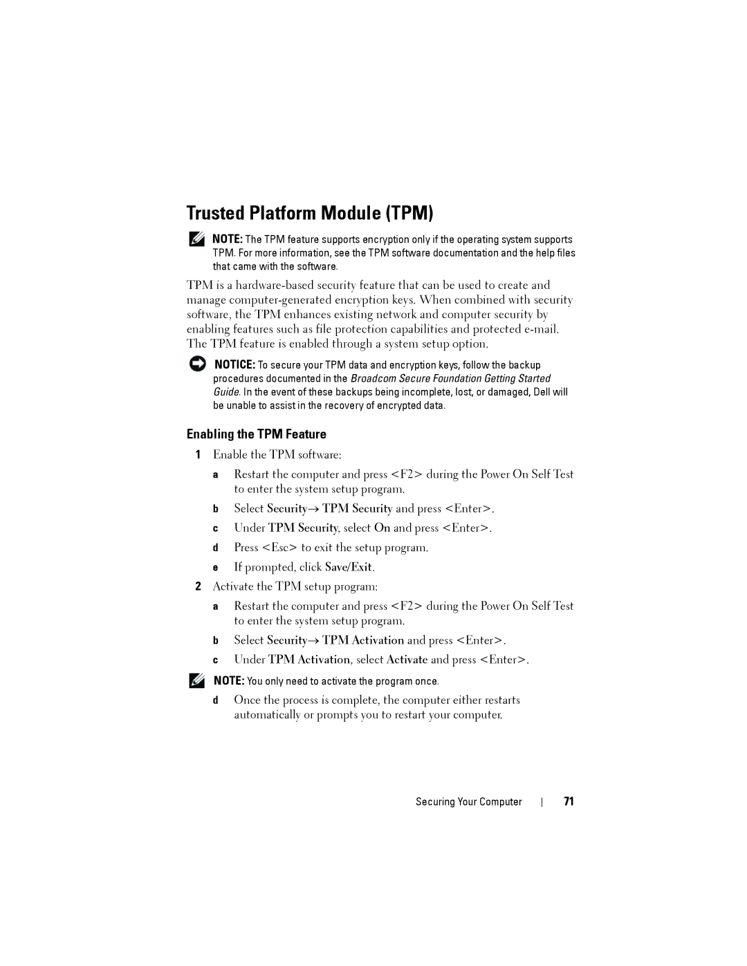 Dell YT583 manual Trusted Platform Module TPM, Enabling the TPM Feature 