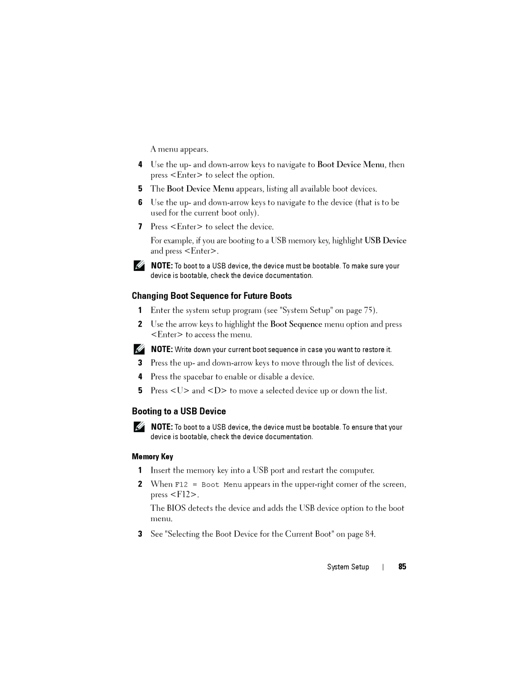 Dell YT583 manual Changing Boot Sequence for Future Boots, Booting to a USB Device, Memory Key 