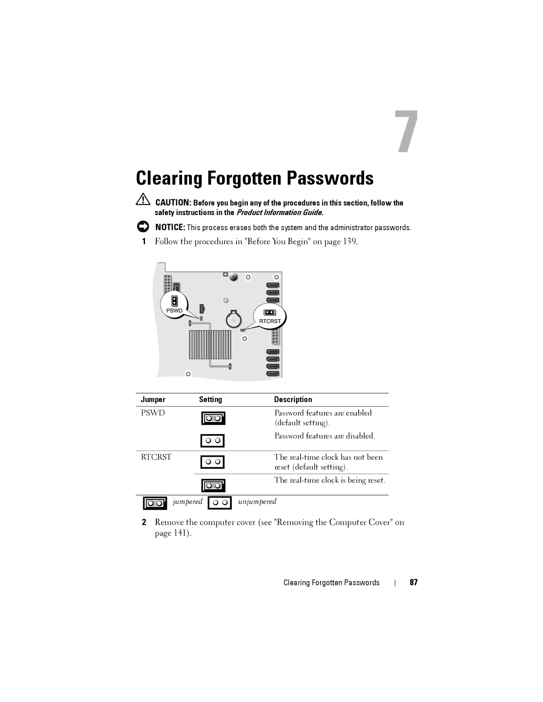 Dell YT583 manual Clearing Forgotten Passwords, Jumper Setting 