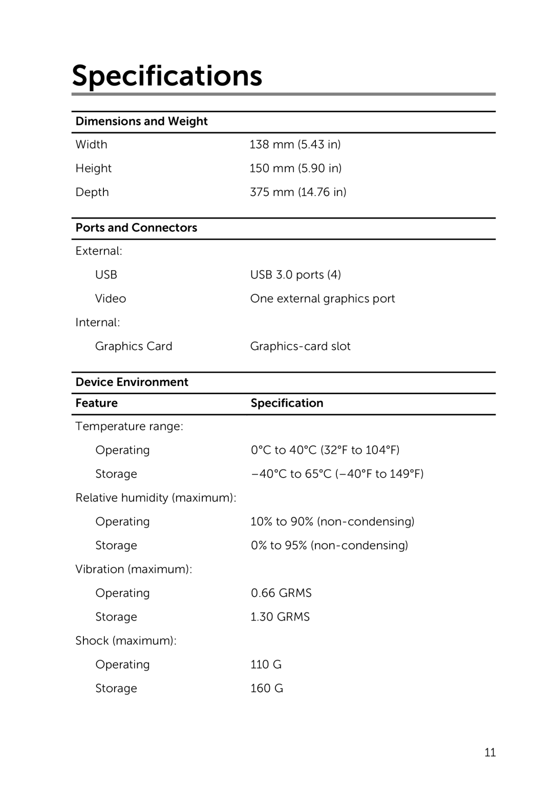 Dell Z01G manual Specifications, Usb 