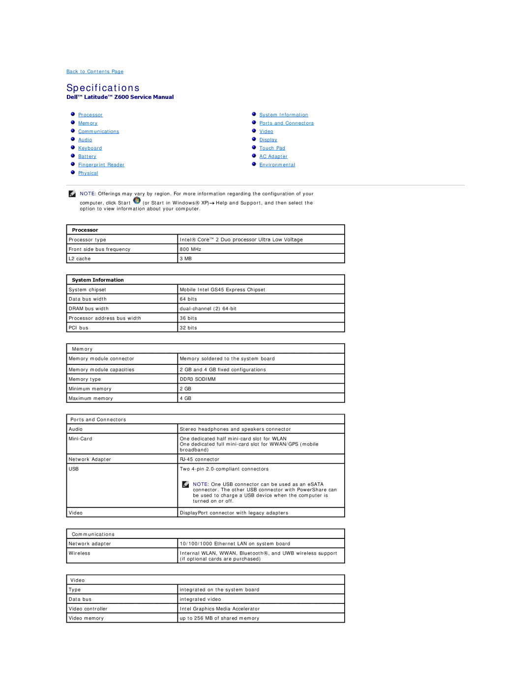 Dell Z600 specifications Specifications, Processor, Memory, Ports and Connectors, Communications 