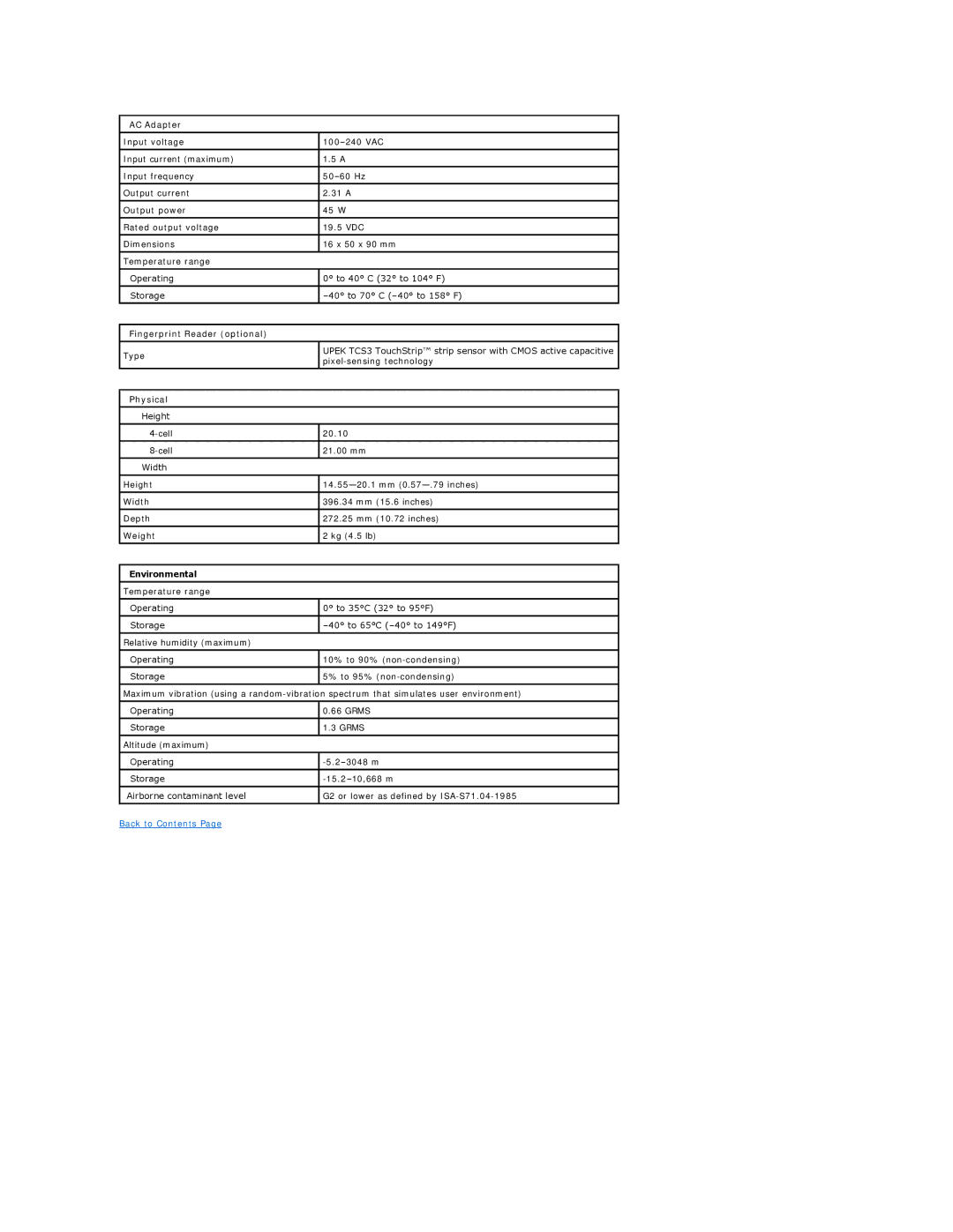 Dell Z600 specifications AC Adapter, Fingerprint Reader optional, Physical, Environmental 