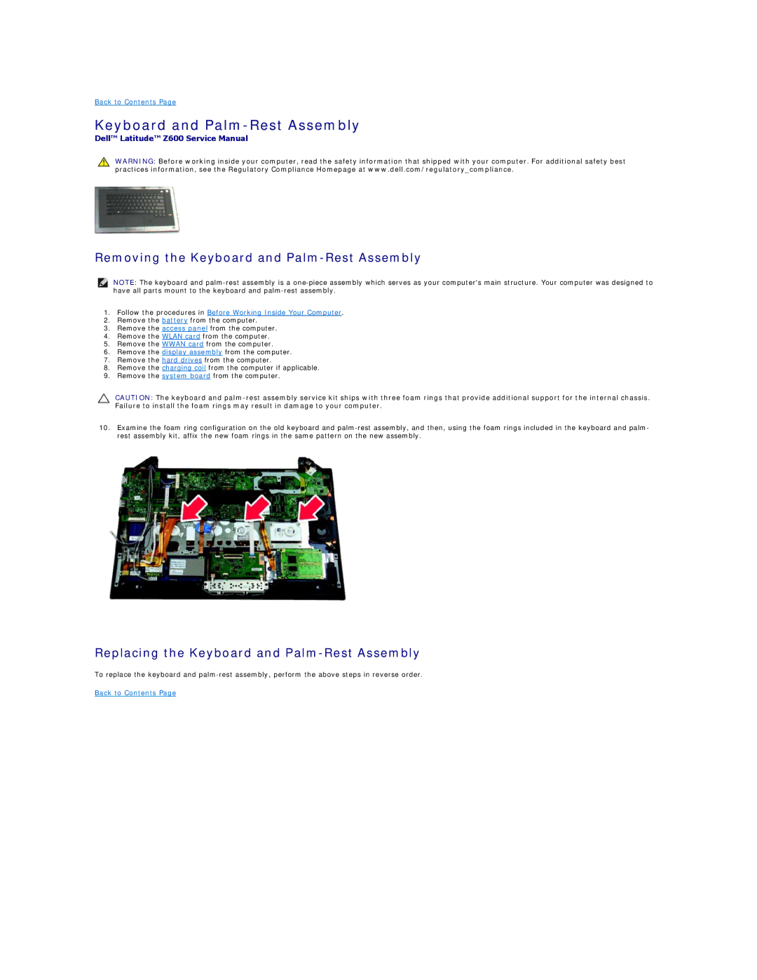 Dell Z600 specifications Removing the Keyboard and Palm-Rest Assembly, Replacing the Keyboard and Palm-Rest Assembly 
